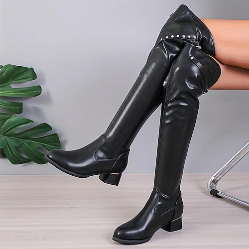 

Femme Bottes Bottes de motard Extérieur Travail du quotidien Cuissardes Rivet Talon Bottier Bout rond Mode Elégant Classique Polyuréthane Fermeture Couleur unie Noir