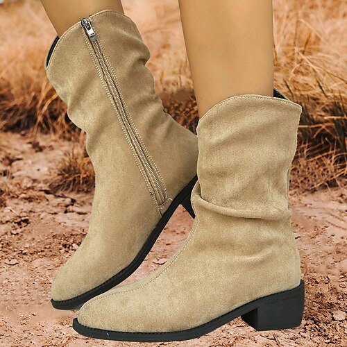 

Women's Boots Cowboy Boots Plus Size Outdoor Daily Mid Calf Boots Winter Block Heel Pointed Toe Vacation Vintage Fashion Faux Suede Loafer khaki