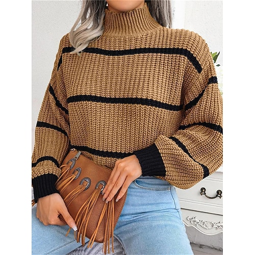 

Women's Pullover Sweater Jumper Stand Collar Ribbed Knit Acrylic Patchwork Fall Winter Regular Outdoor Daily Going out Stylish Casual Soft Long Sleeve Color Block White Green Khaki S M L