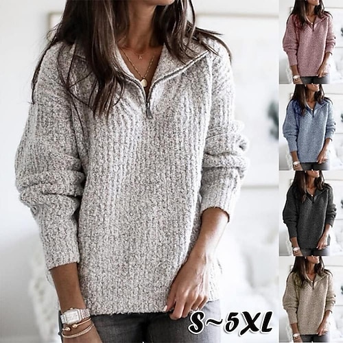 

Women's Pullover Sweater Jumper Shirt Collar Half Zip Ribbed Knit Cotton Zipper Fall Winter Valentine's Day Daily Going out Stylish Casual Soft Long Sleeve Solid Color Black Red Blue S M L