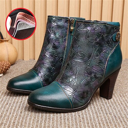 

Mujer Botas Tallas Grandes Zapatos hechos a mano Botas de tacon Diario Botas a media pierna Botón Tacón Cuadrado Dedo Puntiagudo Vintage Casual Confort Cuero Cremallera Floral Vino Negro Azul