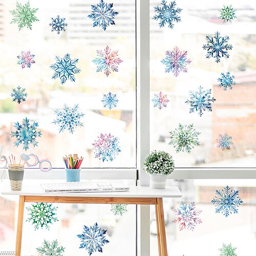 

Janela de floco de neve azul brilhante adere decalques adesivos estáticos de vidro de natal para decoração de inverno e férias de natal