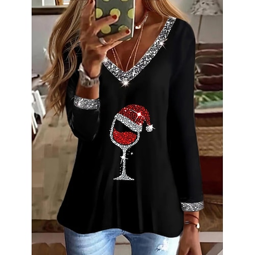 

Christmas Shirt Women's T shirt Tee Sparkly Wine Glass Black Print Long Sleeve Party Christmas Weekend Fashion V Neck Regular Fit Spring Fall