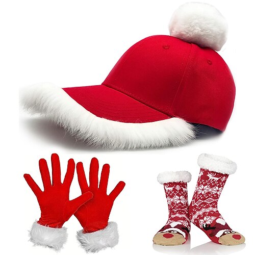 

3 pcs ensemble d'accessoires de noël bonnet de noel réglable casquette de baseball gants de père noël chaussettes de noël floues costume de réveillon de noël pour femme adulte costume de noël