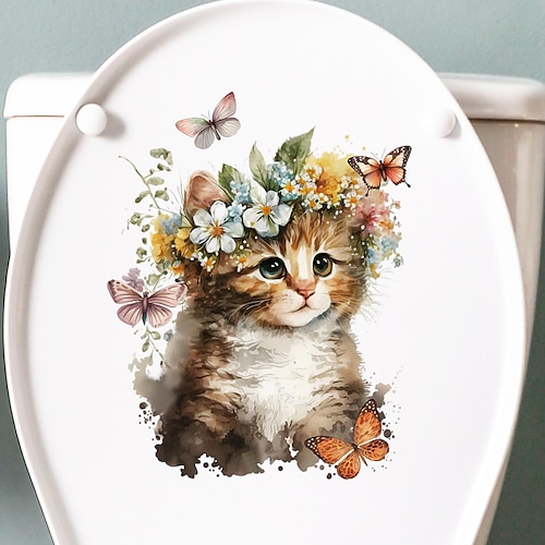 

Cartoon Cat Flowers Wall Stickers, Bathroom Toilet Stickers, Room Decor, Restroom Removable Stickers, Self-adhesive Decal Stickers