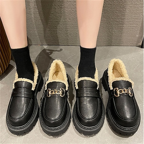 

Women's Heels Loafers Plus Size Classic Loafers Outdoor Work Daily Winter Block Heel Vintage Business Preppy Faux Fur black metal buckle Black