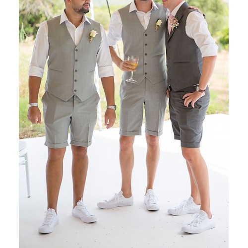  Men's Linen Suits Wedding Shorts Waistcoat Beach Summer Solid Formal Light Blue Sky Blue Dark Navy Colored Causal 2 Piece Tailored Fit