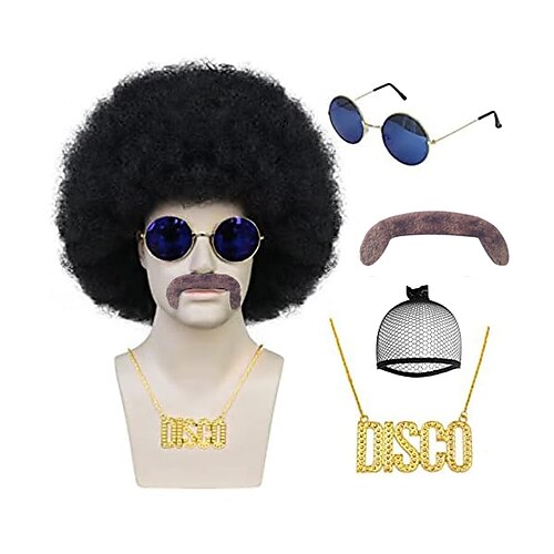 

5Pcs Afro Wig 70s Wigs for Men Afro Wigs 70's Curly Hair Wig Disco Wigs for Men 70s Disco Wigs Short Black Curly Wig Rocker Costume Halloween Wigs Men Cosplay