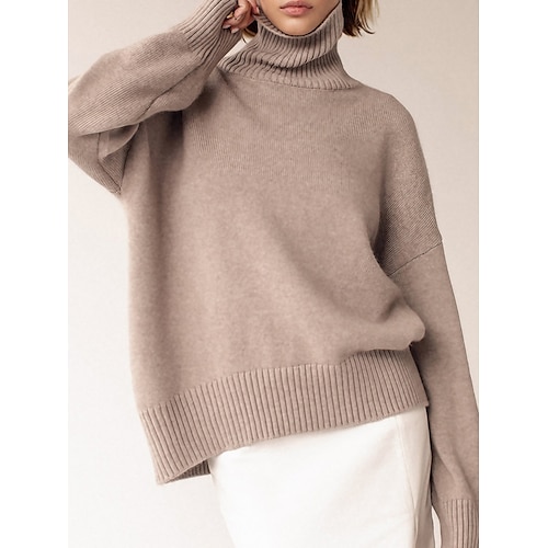 

Women's Pullover Sweater Jumper Turtleneck Ribbed Knit Acrylic Oversized Fall Winter Regular Outdoor Daily Holiday Fashion Streetwear Daily Long Sleeve Solid Color Orange red Light Khaki Black M