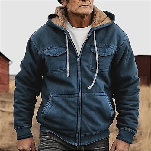 

Men's Hoodie Full Zip Hoodie Sherpa Linend Blue Hooded Plain Pocket Sports Outdoor Daily Holiday Vintage Streetwear Casual Fall Winter Clothing Apparel Hoodies Sweatshirts