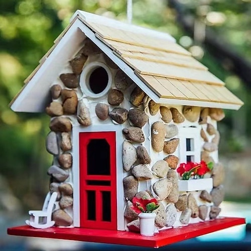 

Hängende Vogelhäuschen für den Außenbereich, farbenfrohes Vogelhäuschen aus Stein für den dekorativen Terrassengarten im Freien, Haustierhäuschen, Vogelhaus im Used-Look aus Holz – Gartengeschenke