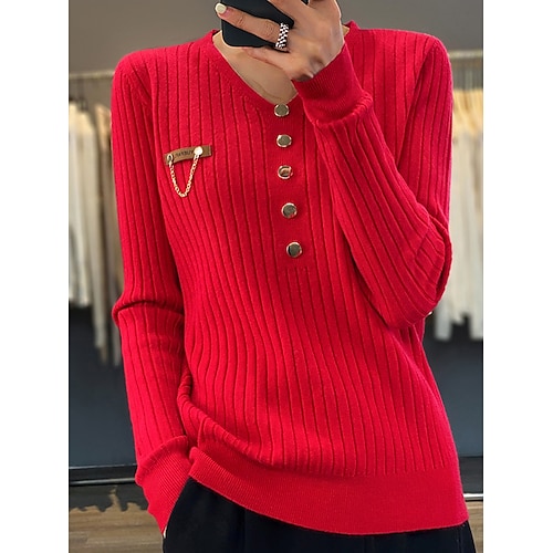 

Women's Pullover Sweater Jumper V Neck Ribbed Knit Button Fall Winter Outdoor Daily Going out Stylish Casual Soft Long Sleeve Solid Color Black White