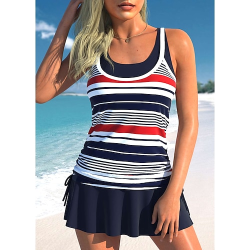 

Mulheres Roupa de Banho Tankini 2 partes Normal roupa de banho 2 Peças Estampado Listrado Azul Marinha Malha Íntima Fatos de banho Sensual Roupa de Praia Verão