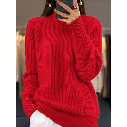 

Women's Pullover Sweater Jumper Stand Collar Ribbed Knit Acrylic Knitted Fall Winter Regular Outdoor Daily Going out Fashion Streetwear Casual Long Sleeve Solid Color Yellow Pink Red S M L