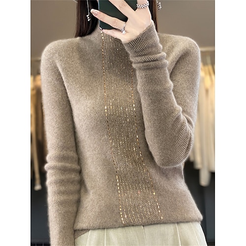 

Women's Pullover Sweater Jumper Crew Neck Ribbed Knit Wool Patchwork Glitter Knitted Fall Winter Regular Outdoor Daily Going out Stylish Casual Soft Long Sleeve Color Block Black Pink Blue M L XL