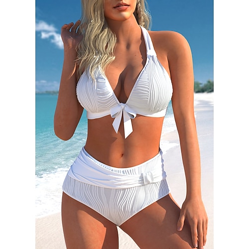 

Mulheres Roupa de Banho Biquíni 2 partes Normal roupa de banho 2 Peças Tecido Branco Fatos de banho Sensual Roupa de Praia Verão
