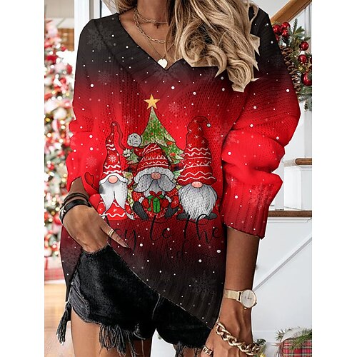 

Women's Pullover Sweater Jumper Christmas Sweaters V Neck Ribbed Knit Polyester Knitted Print Fall Winter Regular Outdoor Christmas Going out Daily Stylish Casual Long Sleeve Santa Claus Red Purple