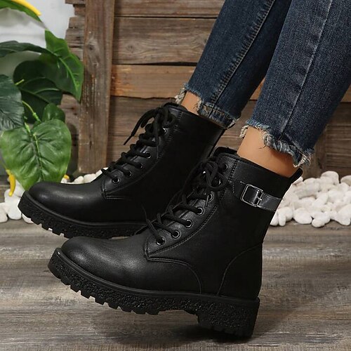 

Femme Bottes Bottes de motard Bottes de Combat Bottes de travail Extérieur du quotidien Couleur unie Bottines Bottines Hiver Fermeture Talon Plat Bout rond Décontractées Confort Minimalisme Nylon