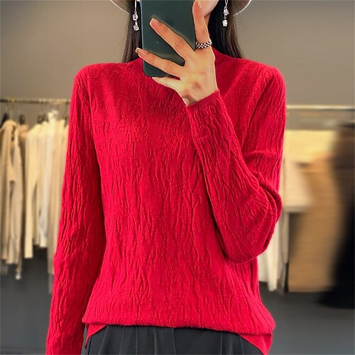 

Pull Femme A côtes Tricoter Mao Polyester énorme Automne Hiver Normal Extérieur du quotidien Sortie Mode du quotidien Décontractées manche longue Couleur unie Vert forêt Cerise rouge Crevette rose S