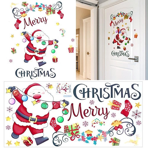 

2PCS DIY Christmas Windows Stickers Santa Claus Xmas Wall Window Clings Door Mural Decals Static Sticker for Winter Party Decorations