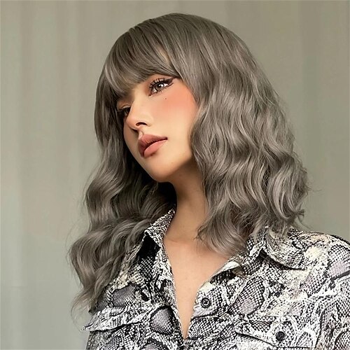 

Synthetische Perücken Locken Gerader Pony Perücke Kurz Grau Synthetische Haare Damen Modisches Design Weich Natürlich Grau