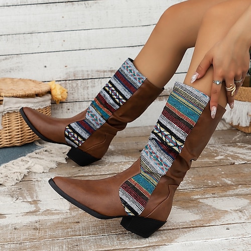 

Femme Bottes Bottes de motard Extérieur du quotidien Bottes mi-mollet Talon bloc Talon Bottier Mode Elégant Minimalisme Toile de jean Polyuréthane Mocassins Bloc de couleur Noir Bleu Marron