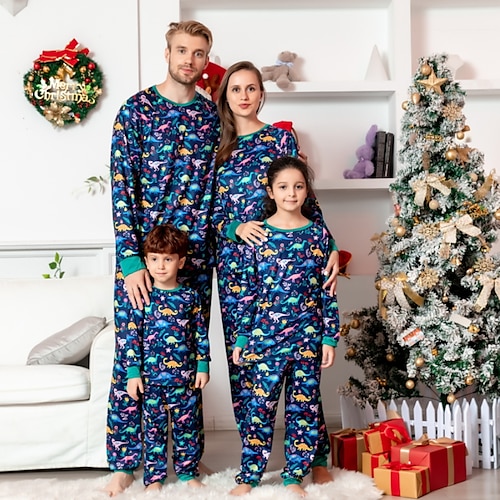 

Mirada familiar Navidad Pijamas Graphic Dinosaurio Hogar Estampado Azul Piscina Manga Larga Trajes de mamá y yo Activo Trajes a juego