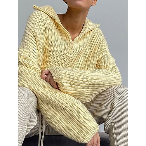 

Mujer Suéter de punto Cuello Barco Estriado Tejer Acrílico Cremallera Otoño Invierno Regular Exterior Diario Noche Elegante Casual Suave Manga Larga Color sólido Blanco Amarillo Rosa S M L