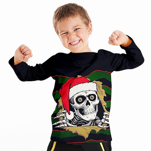 

Natal Para Meninos 3D Caveiras Camiseta Camisa Manga Longa Impressão 3D Outono Inverno Esportes Moda Roupa de rua Poliéster Infantil 3-12 anos Gola Redonda Ao ar livre Casual Diário Normal