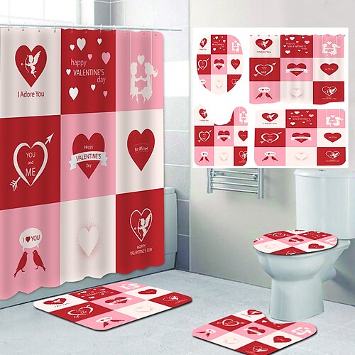 

Valentine's Day Bathroom Deco 4 Pcs Shower Curtain Set Bathroom Sets Modern Home Bathroom Decor with Bath Mat U Shape and Toilet Lid Cover Mat and 12 Hooks