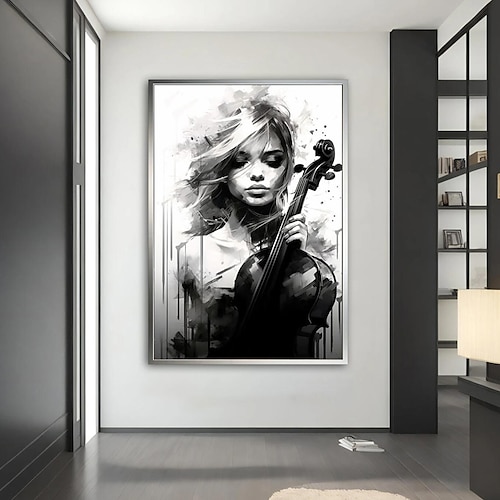 

Instrument de fille, portrait noir et blanc, peinture de fille peinte à la main sur toile pour intérieur, mur de maison, décor de salon, sans cadre