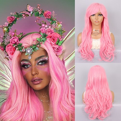 

Cosplay Costume Wig Synthetic Wig Curly Wavy Layered Haircut Neat Bang Machine Made Wig 24 inch PinkRed Synthetic Hair Women's Pink