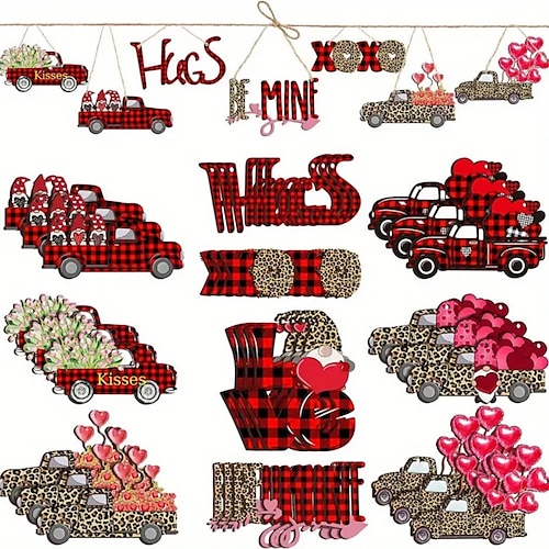 

20pcs/pack Wooden Valentine's Day Wedding LOVE Retro Style Black And Red Plaid Flower Love Theme Party Gathering Holiday Tree Hanging Celebration Home Decorations
