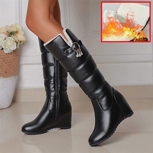 

Mujer Botas Botas de Moto Zapatos de incremento de altura Botas de invierno Exterior Diario Color sólido Forrado con Lana Botas hasta la rodilla Invierno Plataforma Tacón Cuña Tacón oculto Dedo