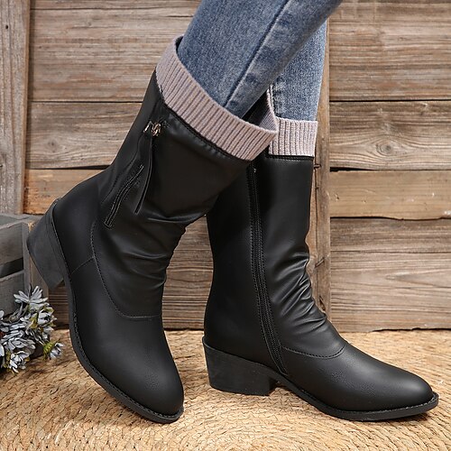 

Damen Stiefel Bikerstiefel Übergrössen Täglich Feste Farbe Stiefel mit mittlerer Wade Winter Blockabsatz Spitze Zehe Modisch Brautkleider schlicht Minimalismus Kunstleder PU Reißverschluss Schwarz