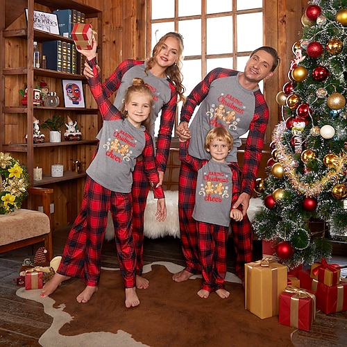 

Famille Noël Pyjamas Plaid Lettre Pyjamas de Noël mignons Intérieur Imprimer Noir Gris manche longue Tenues maman et moi Actif Tenues assorties