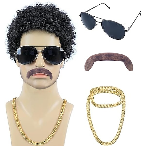 

Perruque afro des années 70 des années 80 pour hommes avec lunettes moustache et chaîne courte perruque disco bouclée noire pour hommes costume rétro cosplay fête d'Halloween