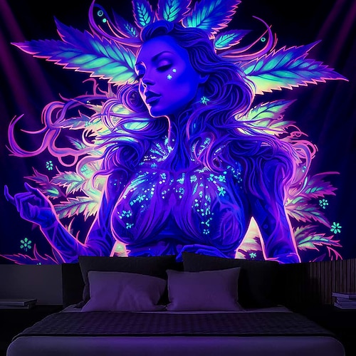 

Tapisserie murale à lumière noire, feuille de marijuana, femme, réactive aux UV, lueur dans le noir, trippy brumeux, décoration murale pour salon, chambre à coucher