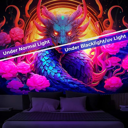  blacklight billedvev uv reaktiv glød i mørket glød party neon trippy tåkete drage dyr hengende billedvev veggkunst veggmaleri for stue soverom