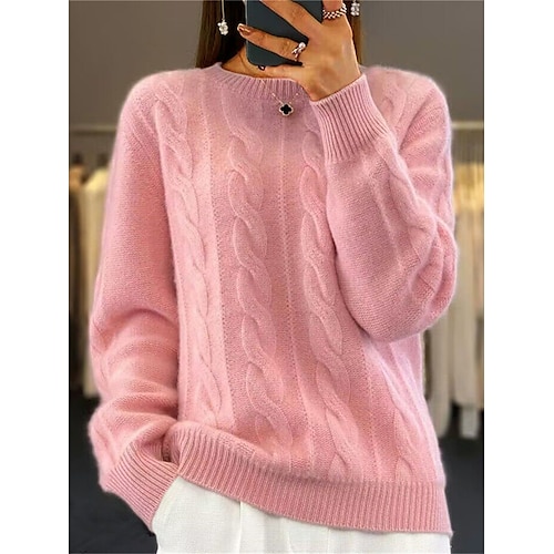 

Women's Cable Knit Sweater Crew Neck Jumper Acrylic Knitted Fall Winter Regular Outdoor Daily Going out Fashion Streetwear Casual Long Sleeve Solid Color White Yellow Pink S M L