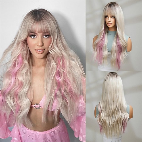 

Long Wavy Wig for Women 26 Inch Middle Part Curly Wavy Wig Natural Looking Synthetic Heat Resistant Fiber Wig for Daily Party Cosplay Halloween Use (Blonde with Pink Highlights)