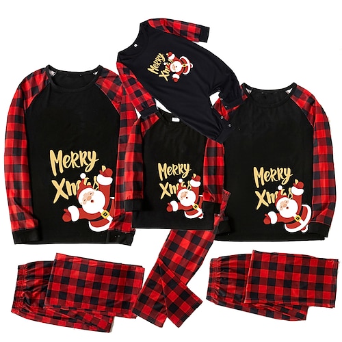 

Famille Noël Pyjamas Graphic Bande dessinée Lettre Intérieur Imprimer Noir Blanche Rouge manche longue Tenues maman et moi Actif Tenues assorties