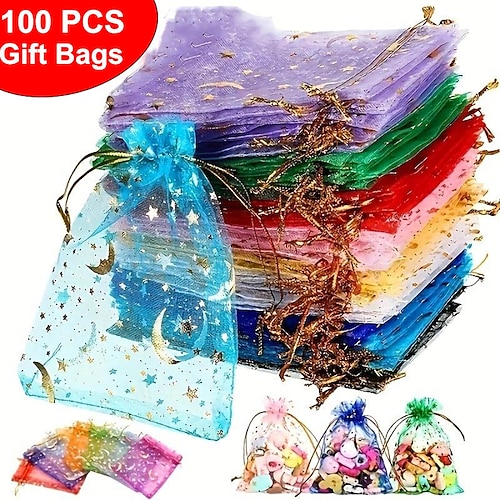 

100 pièces sacs en organza à ficelle de dessin d'étoile de lune, sacs-cadeaux de bijoux, fournitures de bonbons de fête de mariage, saint-valentin, mélange de noël, sac cadeau de fête des mères