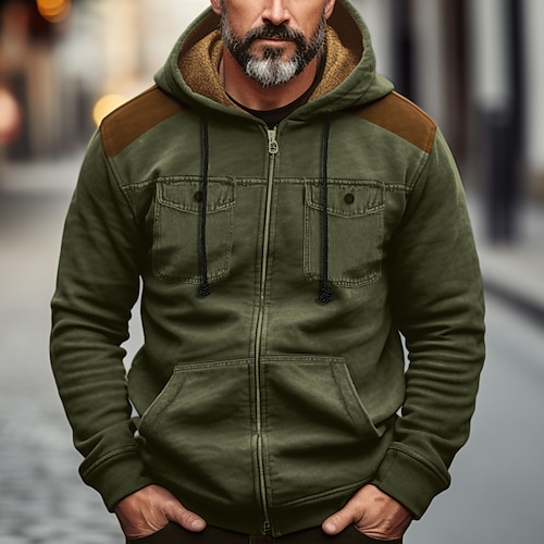 

Men's Hoodie Full Zip Hoodie Sherpa Linend Army Green Blue Brown Khaki Hooded Color Block Patchwork Pocket Sports Outdoor Daily Holiday Vintage Streetwear Casual Fall Winter Clothing Apparel