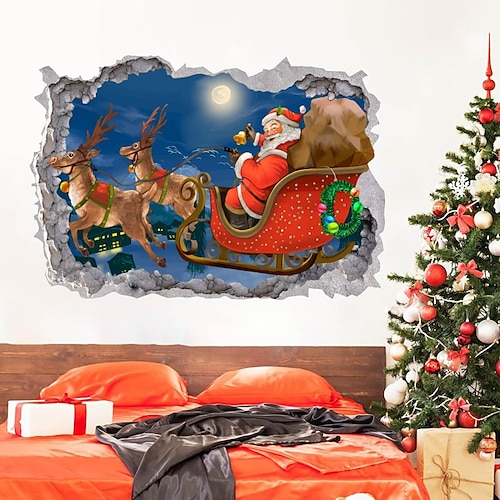 

3d decalques de parede de natal papai noel adesivos de parede natal romper a parede adesivos de vinil papai noel carregando presentes decalques murais de parede removível decoração de casa para quarto