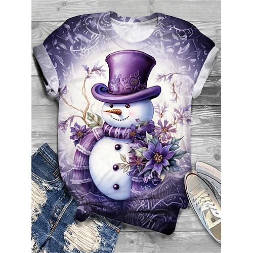 

Christmas Shirt Women's T shirt Tee Santa Claus Snowman Black Navy Blue Purple Print Short Sleeve Christmas Weekend Festival / Holiday Round Neck Regular Fit Summer