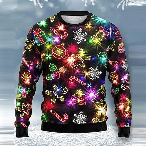 

Snowflake Gingerbread Lights Rock Men's Print Knitting Ugly Christmas Sweater Pullover Sweater Jumper Knitwear Outdoor Daily Vacation Long Sleeve Crewneck Sweaters Black Army Green Blue Fall Winter S