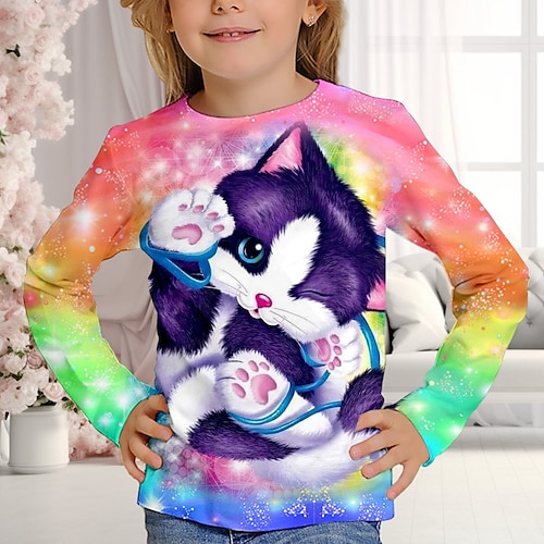 

Girls' 3D Galaxy Cat Tee Shirt Long Sleeve 3D Print Fall Winter Active Fashion Cute Polyester Kids 3-12 Years Crew Neck Outdoor Casual Daily Regular Fit