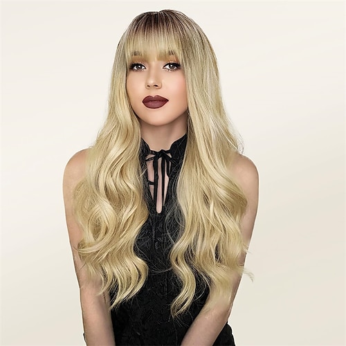 

Ombre Blonde Wig with Bangs Long Wavy Wigs for Women Long Blonde Wig with Dark Roots Natural Heat Resistant Synthetic Hair Wig with Bangs for Daily Party Use