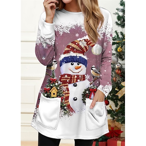 

Women's Sweatshirt Pullover Snowman Christmas Tree Sportswear Festival Print Pocket Pink Red Blue Christmas Casual Round Neck Long Sleeve Top Micro-elastic Fall Winter